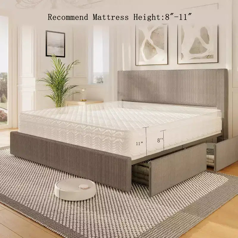 CuisinSmart corduroy bedframe met hoofdbord, gestoffeerd platformbed met 4 opbergladen en houten lattenbodem
