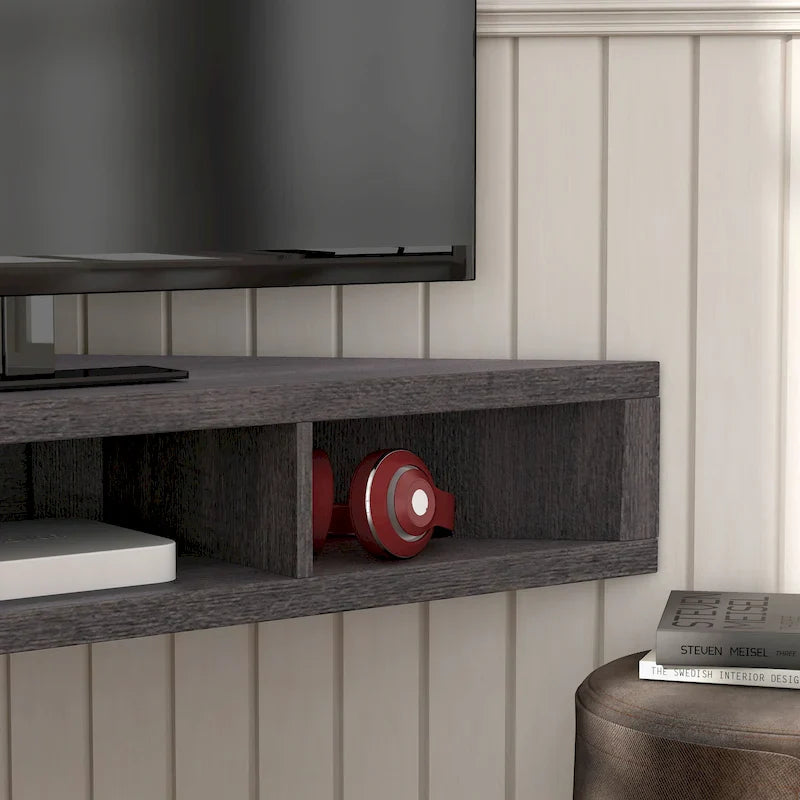 Meuble TV d’angle suspendu 47, 3 étagères, style transitionnel, fixation murale peu encombrante