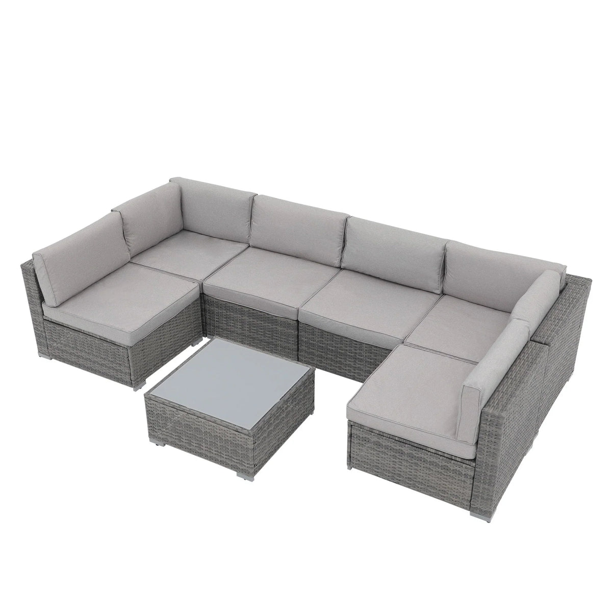 7-delige outdoor loungeset van vlechtwerk en staal met kussens