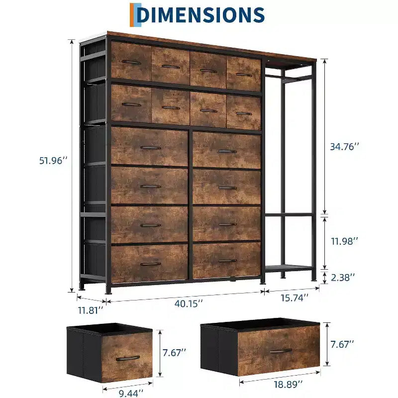 Commode avec 16 tiroirs, tringle et étagères, organisateur de rangement en tissu pour chambre, dressing ou entrée