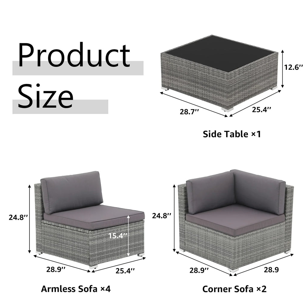 7-delige outdoor loungeset van vlechtwerk en staal met kussens