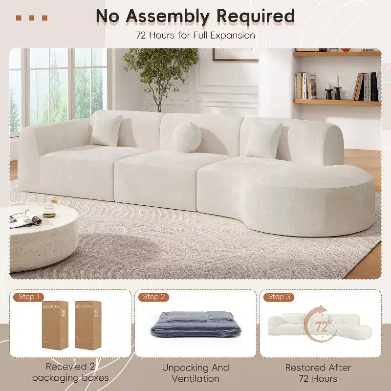 Moderne gebogen hoekbank van 140 inch met chaise longue, 3-delige set voor de woonkamer