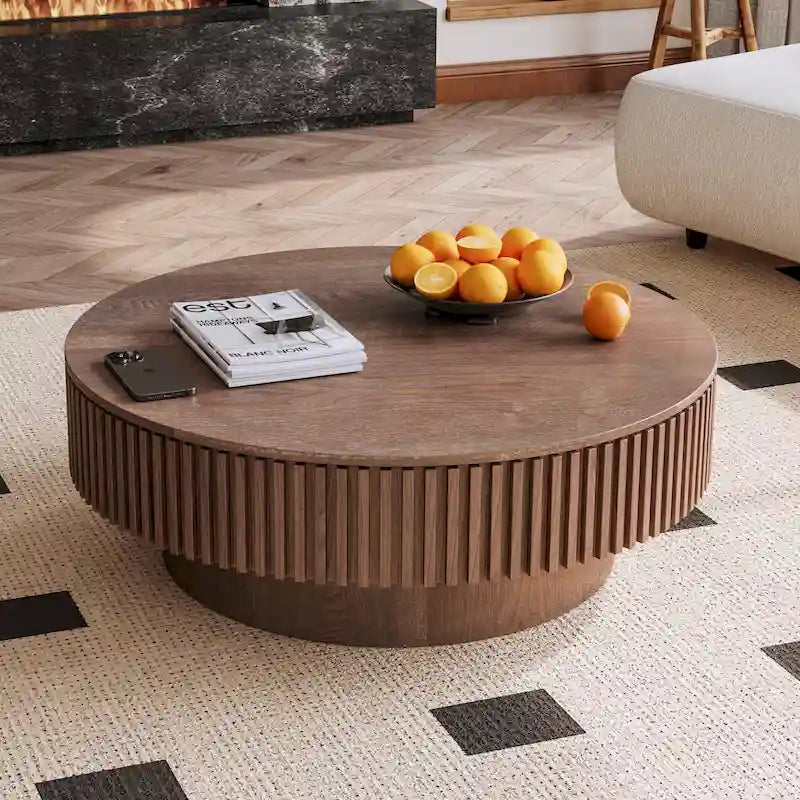 Table basse ronde moderne en bois massif plaqué avec rangement