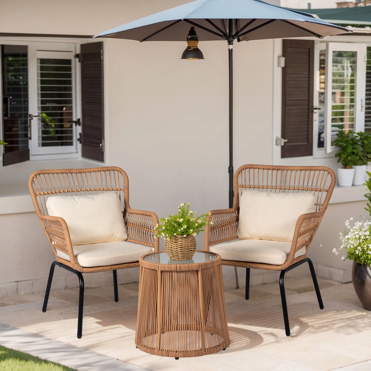 Ensemble bistro de conversation extérieur en osier de 3 pièces, mobilier de patio en rotin toutes saisons avec coussins