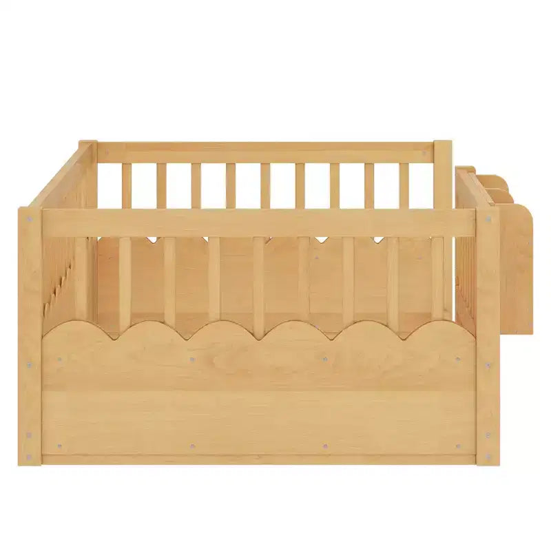 Lit cabane Montessori simple en bois Bellemave pour enfants, avec barrière surélevée et bibliothèque, pour filles et garçons