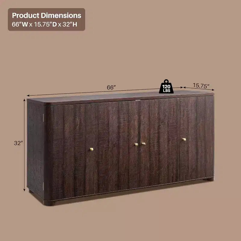 Buffet de cuisine avec 4 portes et étagères, grand buffet moderne, meuble de rangement, meuble de rangement pour coin café de 66 po