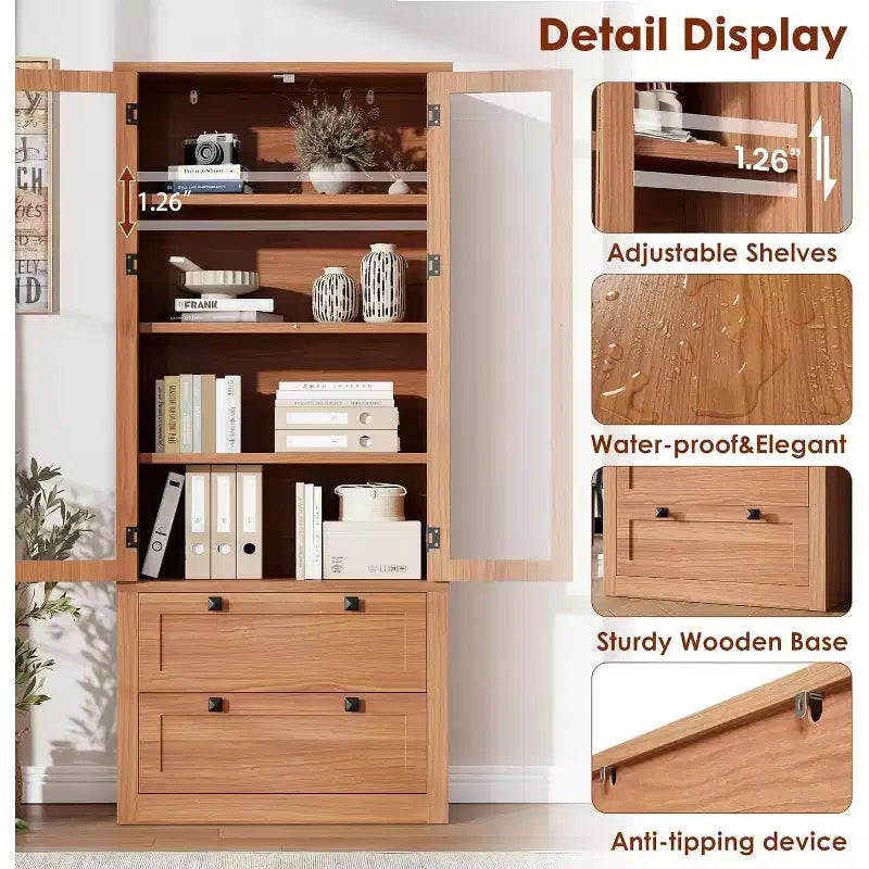 Armoire de rangement de cuisine style champêtre avec portes vitrées, meuble de rangement de 72 pouces avec tiroirs et étagères réglables pour la salle à manger, la salle de bains ou le salon