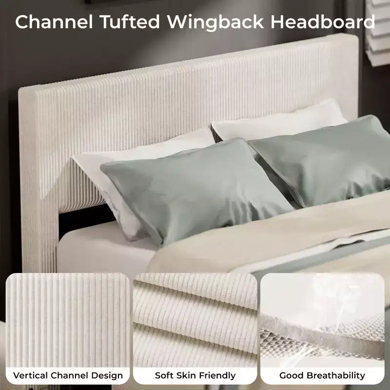 CuisinSmart corduroy bedframe met hoofdbord, gestoffeerd platformbed met 4 opbergladen en houten lattenbodem