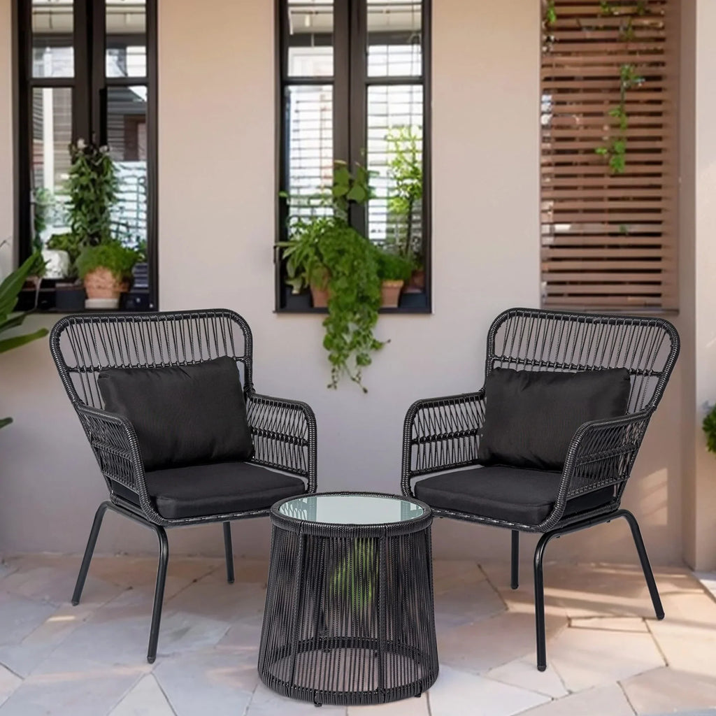 Ensemble bistro de conversation extérieur en osier de 3 pièces, mobilier de patio en rotin toutes saisons avec coussins