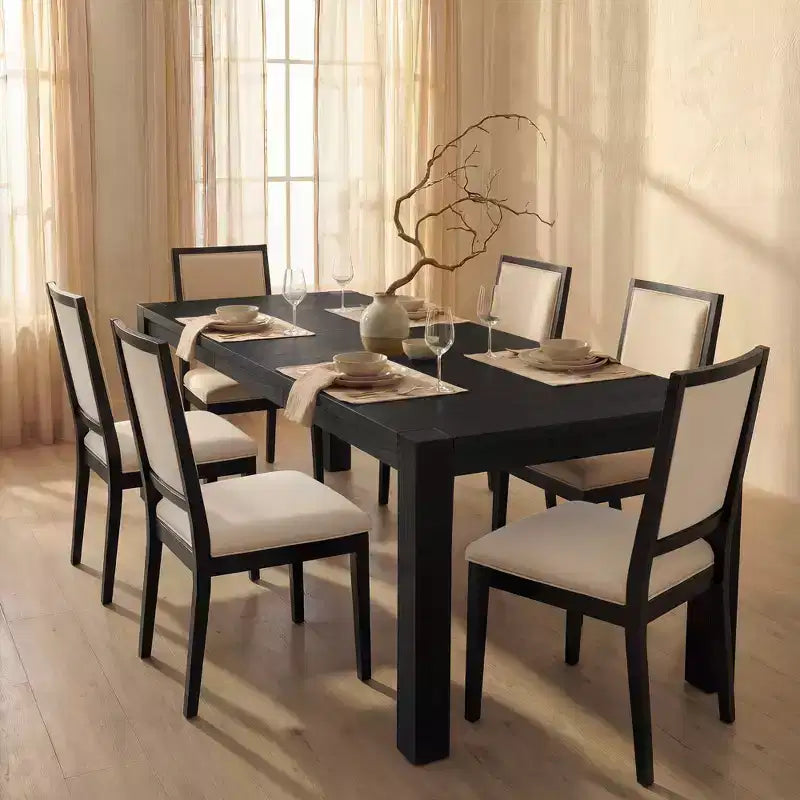 Moderne eetset - tafel van 80 + 6 stoelen met kussens, frame van massief hout, tafel draagvermogen van 400 lbs, eenvoudige montage