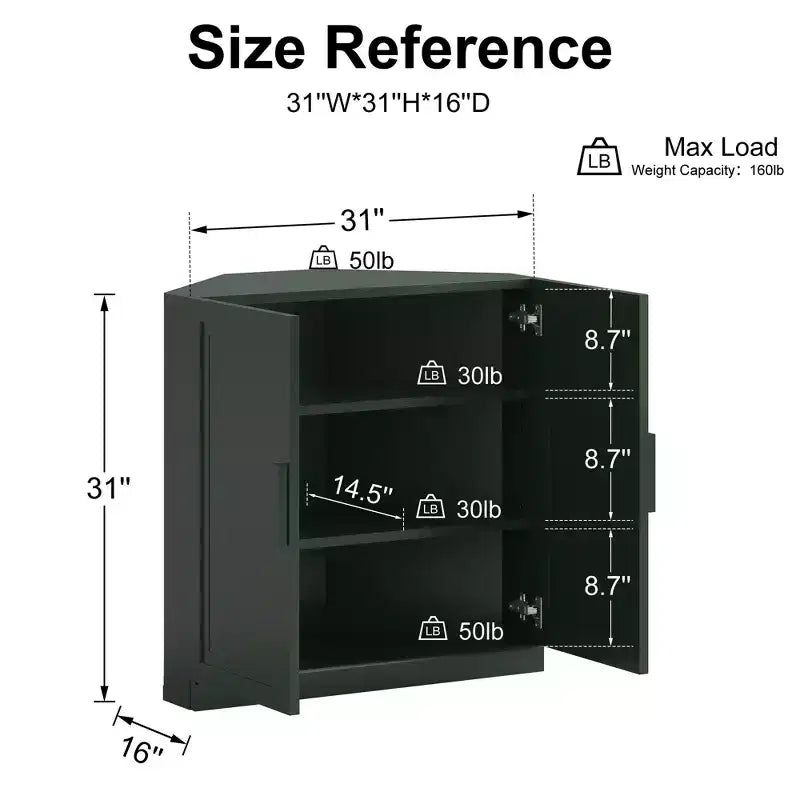 Dovelina hoekkast met verstelbare planken, dressoir, buffetkast, wijnkast en keuken- en eetkamerkast met houten deuren – 31H x 31W, 36H x 31W