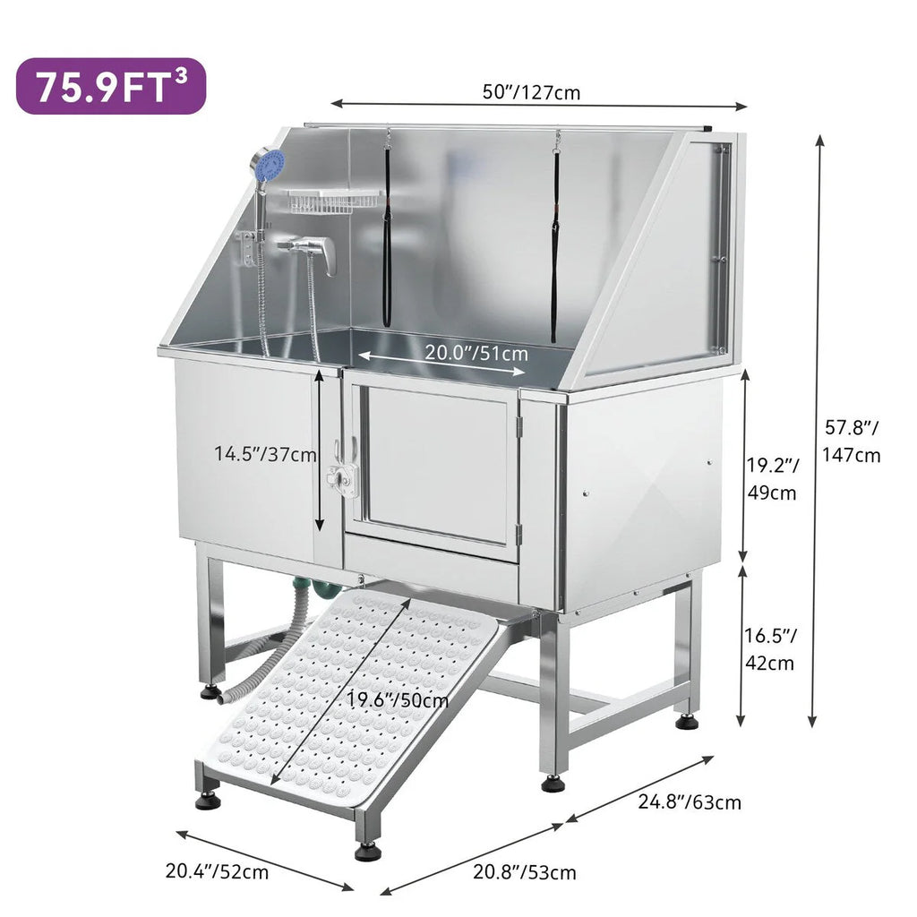 50″ W höhenverstellbare Edelstahl-Pflegetrumanne für Haustiere mit Stufenrampe