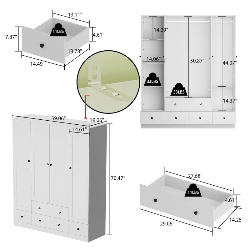 Armoire-penderie blanche de 59 po de large, grande armoire autoportante