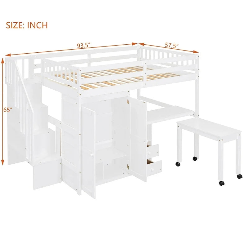 Lit mezzanine deux places avec escalier, bibliothèque, bureau et armoire – meuble multifonction gain de place pour enfants et adolescents – blanc