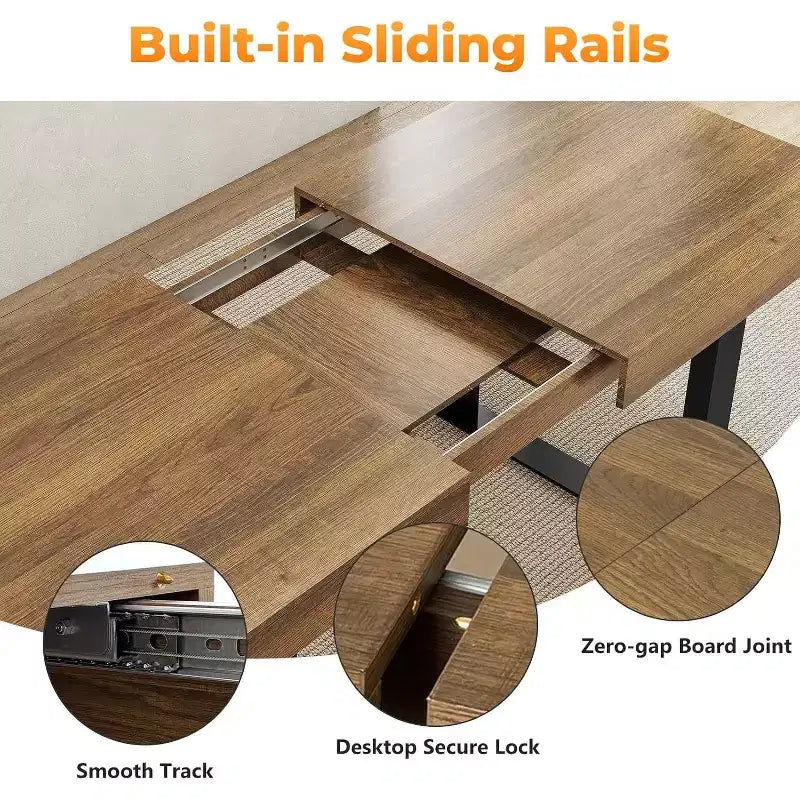 Zevemomo uitschuifbare eettafel van 63-78,7 inch, rechthoekige keukentafel voor 6-10 personen met metalen rail en taps toelopende U-vormige poten, voor eetkamer en kantoor - bruin