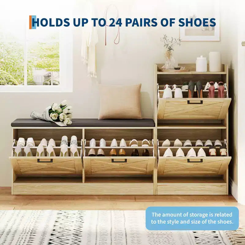 Banc avec 4 tiroirs rabattables et coussin d’assise rembourré, meuble à chaussures étroit en bois, idéal comme banc d’entrée pour le salon