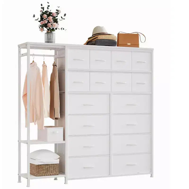 Commode avec 16 tiroirs, tringle et étagères, organisateur de rangement en tissu pour chambre, dressing ou entrée