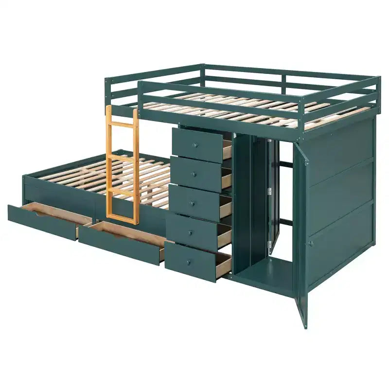 Stapelbed met twee volledige bedden, opbergkast en laden, houten ruimtebesparend stapelbed van volledig formaat met veiligheidshekje voor appartement of slaapkamer