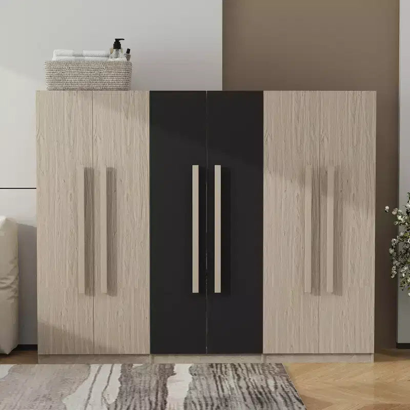 Armoire-penderie 83W à 6 portes, meuble de rangement pour vêtements avec 2 tiroirs, tringles et étagères de rangement, noir et naturel – ModernLuxe