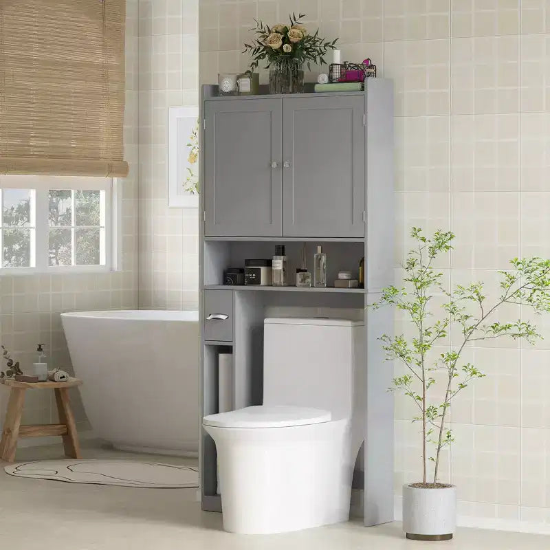 Meuble de rangement HOMCOM au-dessus des toilettes, organisateur de salle de bains moderne avec 2 portes et porte-papier toilette, gain de place autoportant