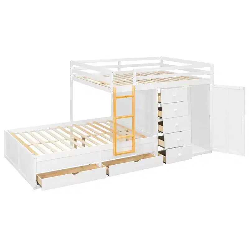Stapelbed met twee volledige bedden, opbergkast en laden, houten ruimtebesparend stapelbed van volledig formaat met veiligheidshekje voor appartement of slaapkamer
