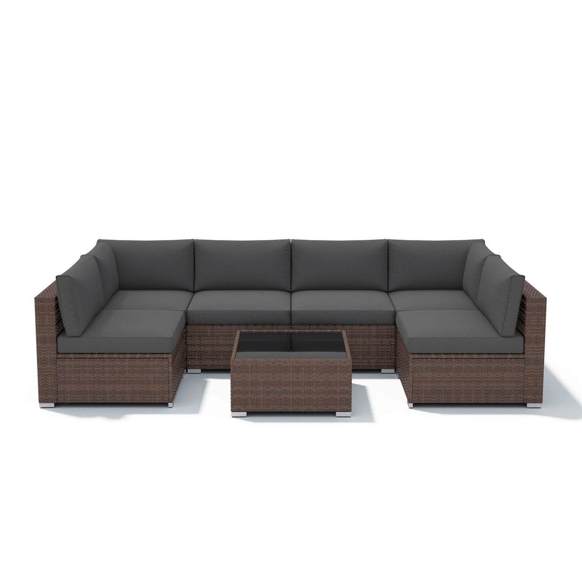 7-delige outdoor loungeset van vlechtwerk en staal met kussens