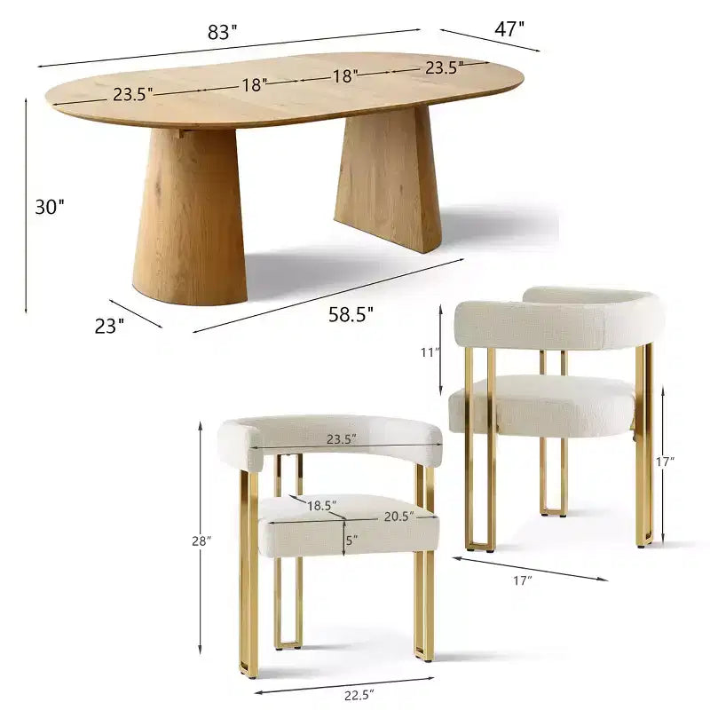 Uitbreidbare ronde tot ovale eettafelset met 4 fluwelen fauteuils, modern voetstukontwerp, geschikt voor maximaal 8 personen-Panipeachy