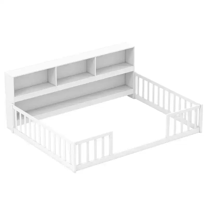 Łóżko podłogowe Montessori w rozmiarze Twin/Full z półkami na książki i miejsce do przechowywania oraz barierkami ochronnymi, białe/szare