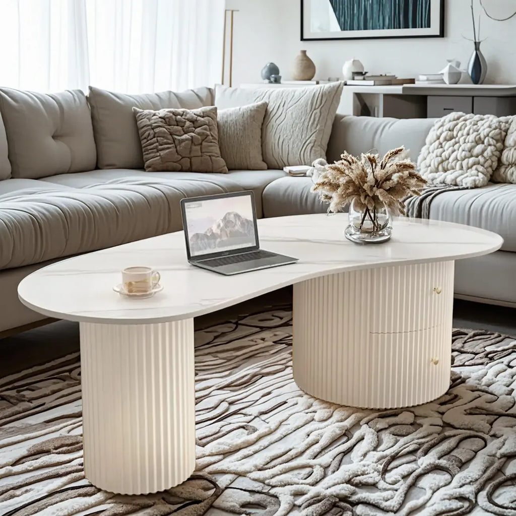 Table basse ovale blanche standard minimaliste avec 2 tiroirs