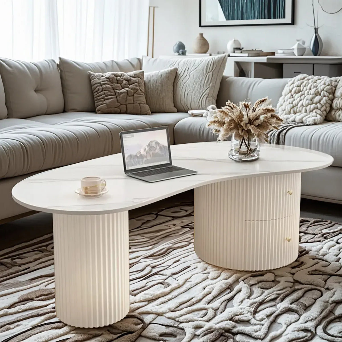 Table basse ovale blanche standard minimaliste avec 2 tiroirs