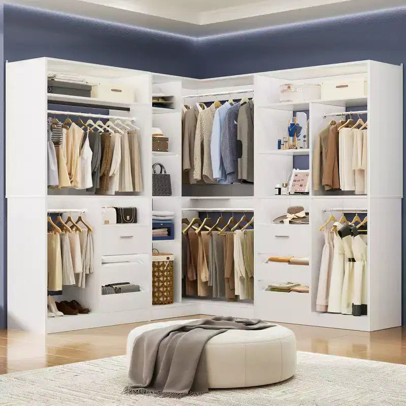 Besiost 3-teiliges Eck-Kleiderschranksystem mit Regalböden und Schubladen, freistehender Kleiderschrank-Organizer mit Kleiderstangen