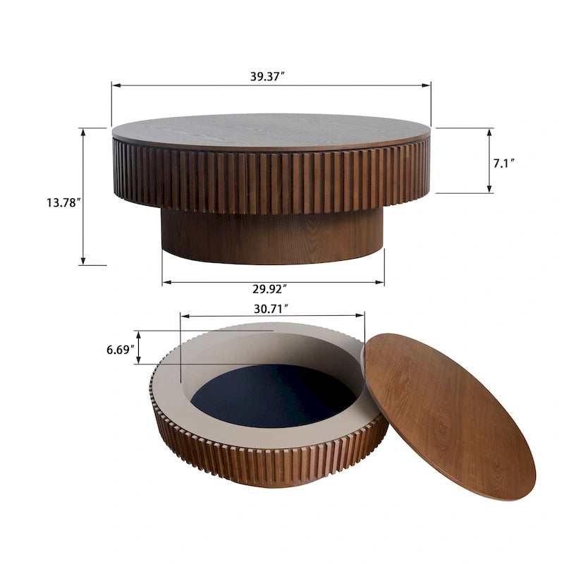 Table basse ronde moderne en bois massif plaqué avec rangement