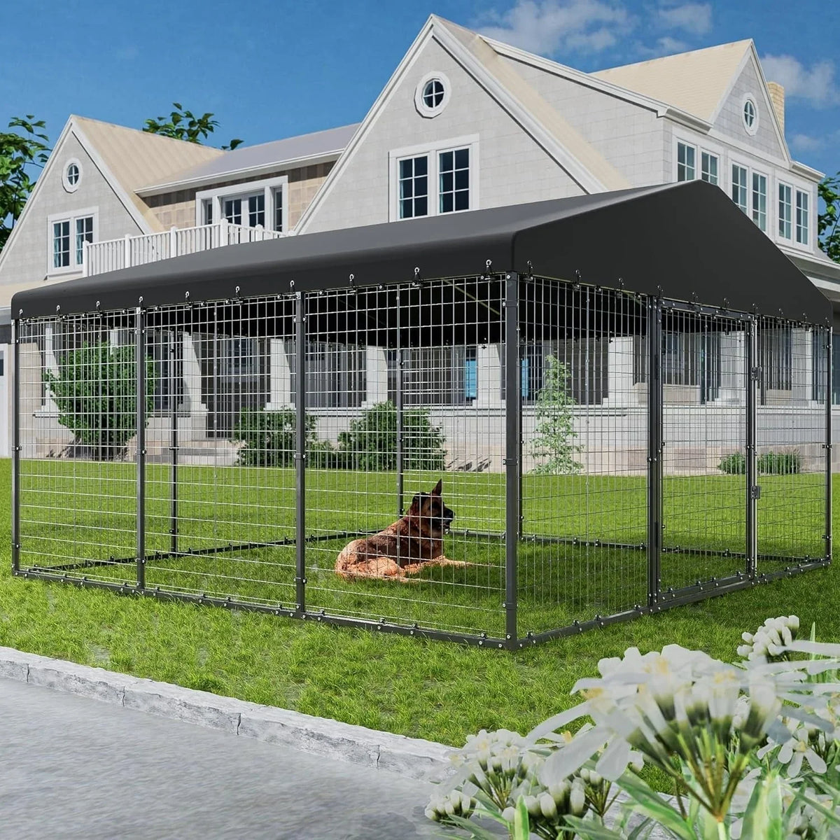 W 118 x T 118 x H 70 großer Outdoor-Hundezwinger, robuster Hundekäfig mit wasserdichtem Dach