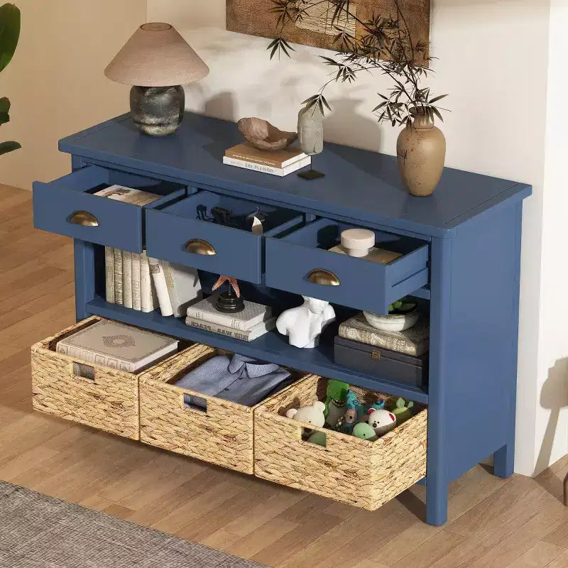 Haltafel voor de entree met opbergruimte, landelijke gangtafel met 3 laden en 3 manden van waterhyacint voor de woonkamer of hal - Panipeachy