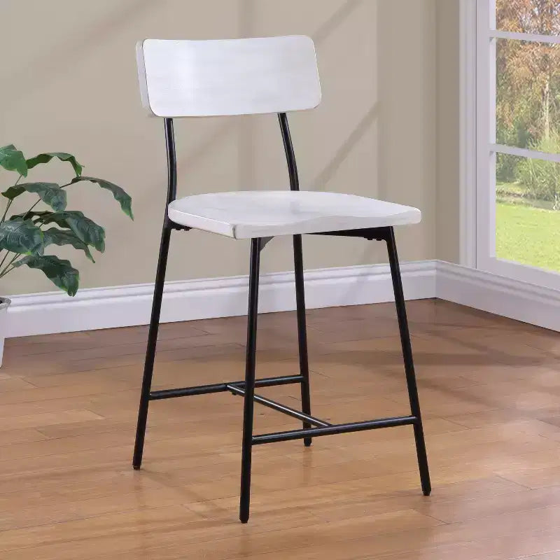 Counter Height Barstool – Whitewash, Saddle Seat, Curved Back, Metal Frame