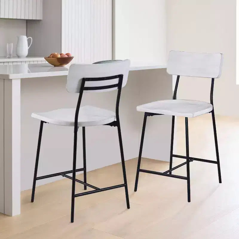 Counter Height Barstool – Whitewash, Saddle Seat, Curved Back, Metal Frame