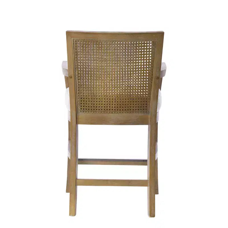 Cane Back Counter Height Barstool – Cream Seat, Reclaimed Wood Frame