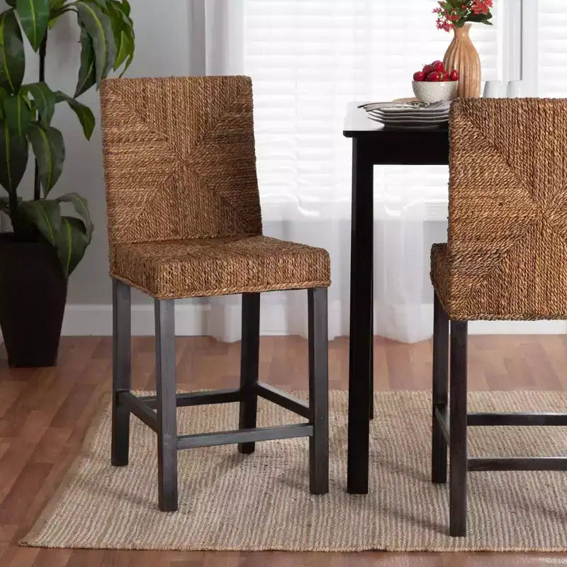 Mahogany Wood & Seagrass Counter Height Barstool – Natural Brown/Dark Brown