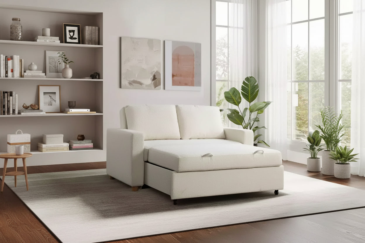 Convertible Sofa – Ivory Boucle, Lounger & Full Bed, Pocket Coils
