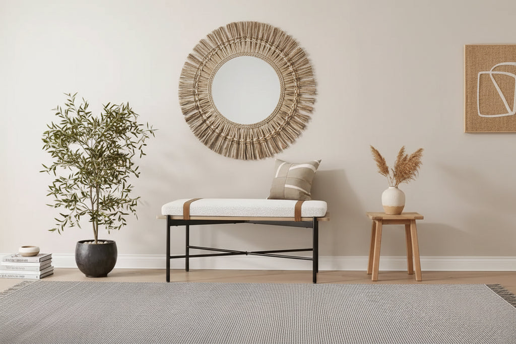 Nathan James Thatcher Boucle Wood and Metal Removable Cushion Bench: Curved Edge, Vegan Leather Straps, Zipper Design, Easy Clean