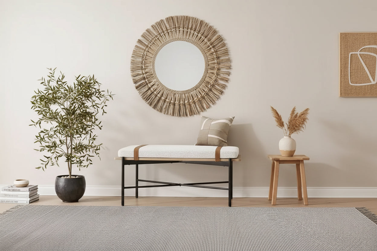 Nathan James Thatcher Boucle Wood and Metal Removable Cushion Bench: Curved Edge, Vegan Leather Straps, Zipper Design, Easy Clean