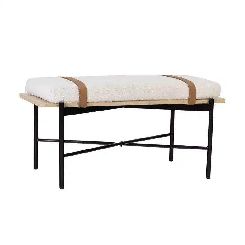 Entryway Bench – Removable Boucle Cushion, Vegan Leather Straps, Curved Edge