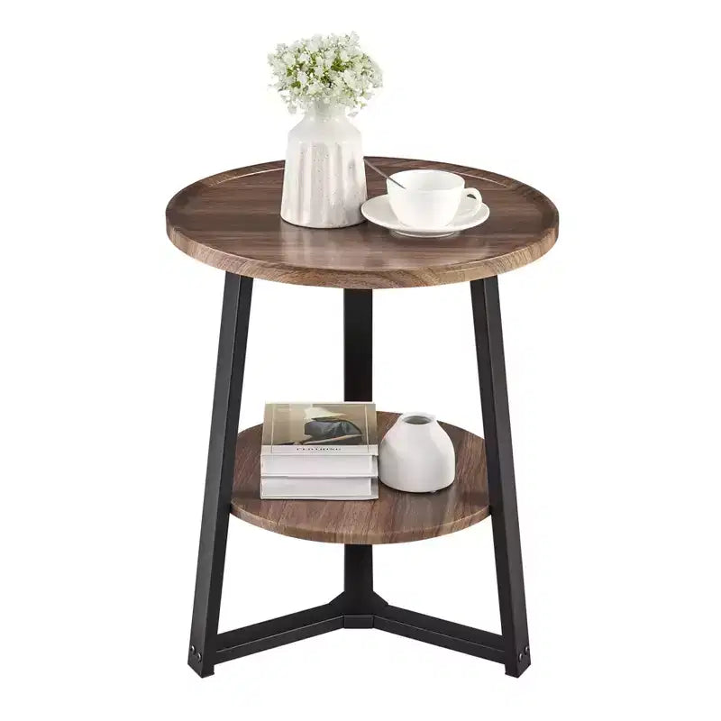 Mason Round 2-Tier Mid-Century Side Accent Table – Walnut/Black, Pedestal Legs, MDF