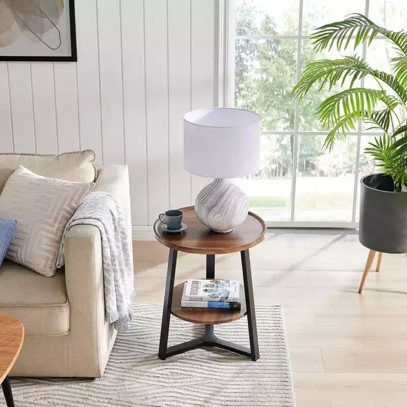Mason Round 2-Tier Mid-Century Side Accent Table – Walnut/Black, Pedestal Legs, MDF