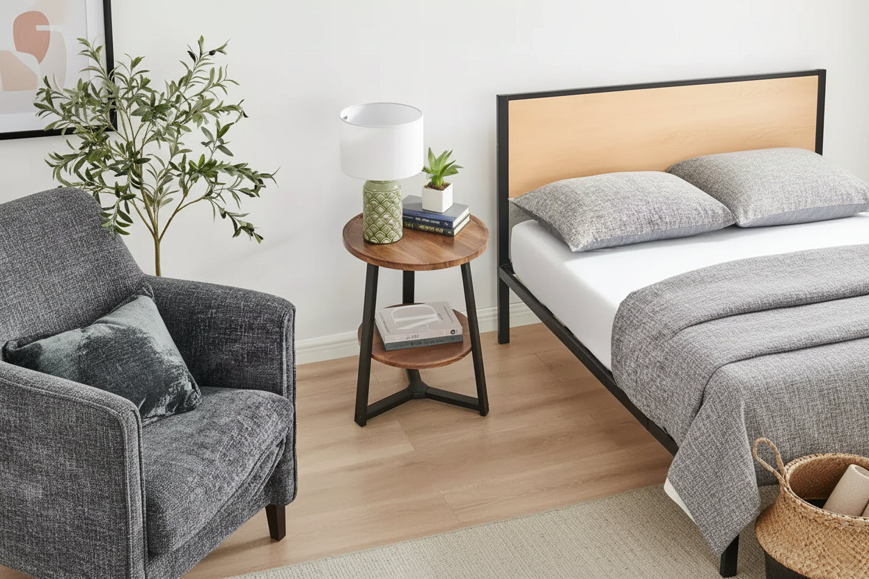 Mason Round 2-Tier Mid-Century Side Accent Table – Walnut/Black, Pedestal Legs, MDF