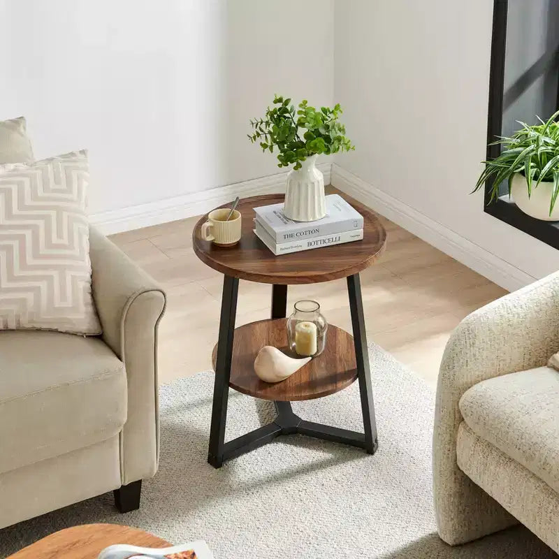 Mason Round 2-Tier Mid-Century Side Accent Table – Walnut/Black, Pedestal Legs, MDF
