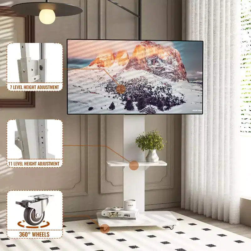 TV-Ständer für 32–75-Zoll-Fernseher, höhenverstellbarer mobiler TV-Wagen mit Schublade und Rollen für Wohnzimmer, Schlafzimmer und Büro – ModernLuxe