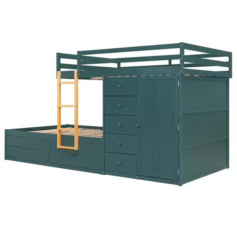 Stapelbed met twee volledige bedden, opbergkast en laden, houten ruimtebesparend stapelbed van volledig formaat met veiligheidshekje voor appartement of slaapkamer