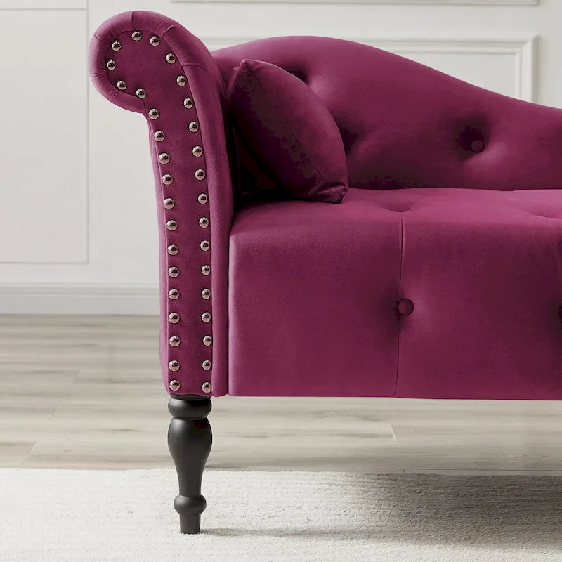Chaise longue moderne de 60,6 po, revêtement en velours, boutons capitonnés, pieds en bois massif et clous décoratifs