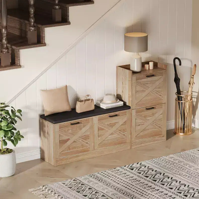Banc avec 4 tiroirs rabattables et coussin d’assise rembourré, meuble à chaussures étroit en bois, idéal comme banc d’entrée pour le salon
